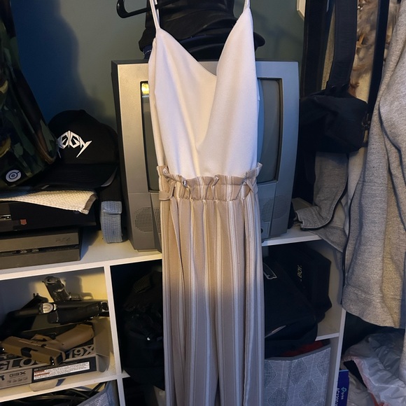 Kohl's Pants - Elegant White and Tan Women's Jumpsuit with Tie Waist